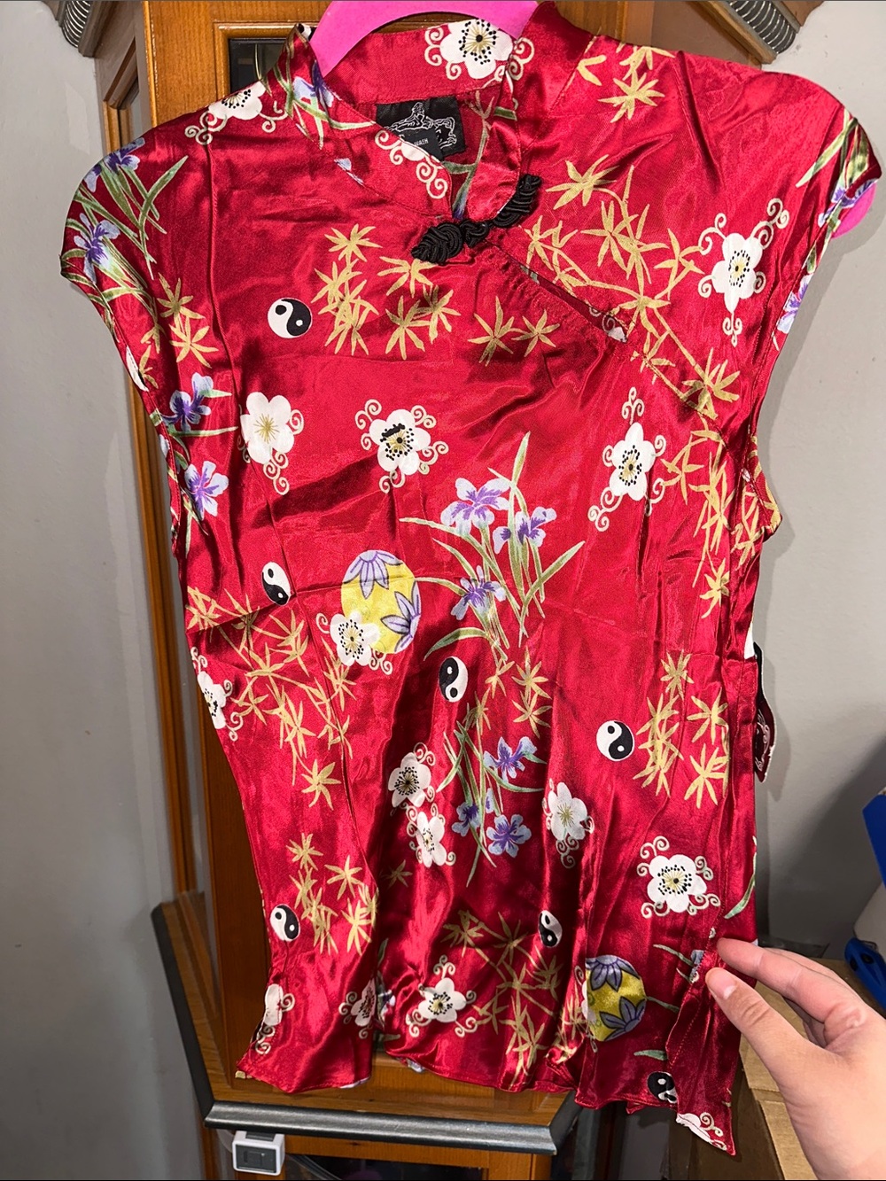 Angie Red Satin Floral Mandarin-Style Tunic